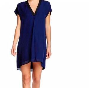 Vince 100% Silk Blue Dress with Lamb Leather Trim V-Neck Size L Mini Lightweight